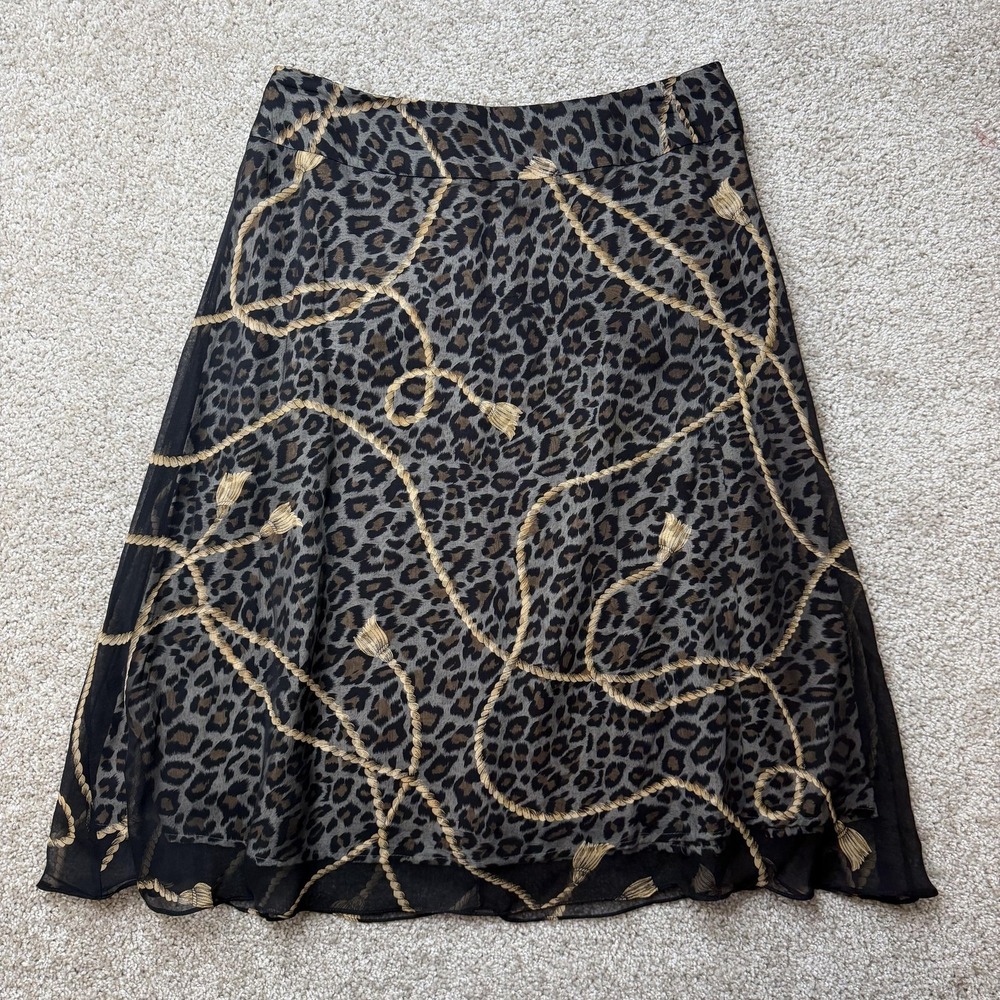 Silkland Skirt Womens 6 Brown Leopard Rope Print Chiffon A-Line Midi Lined